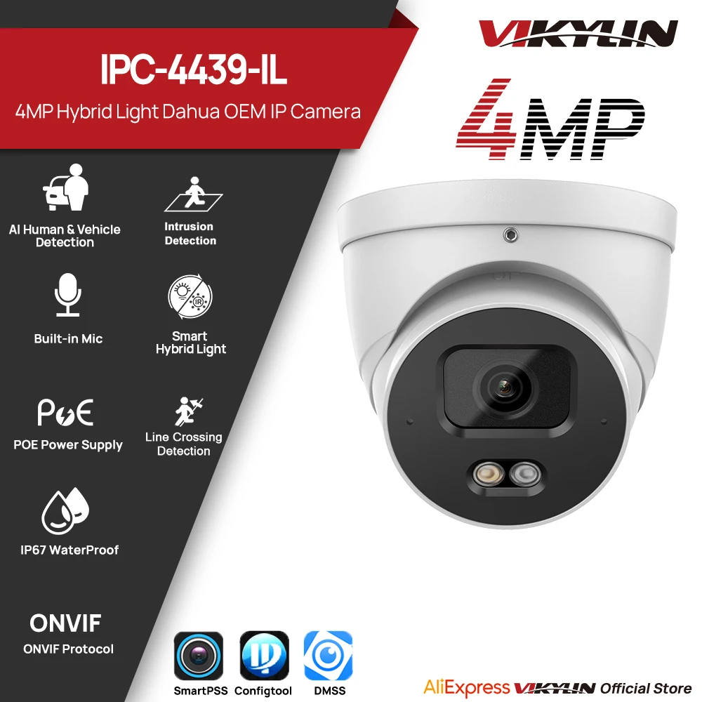 VIKYLIN 4MP IP Security Camera Smart Dual Light Built-in Mic Smart Motion Detection Outdoor Support IVS Onvif IP67 Metal Housing