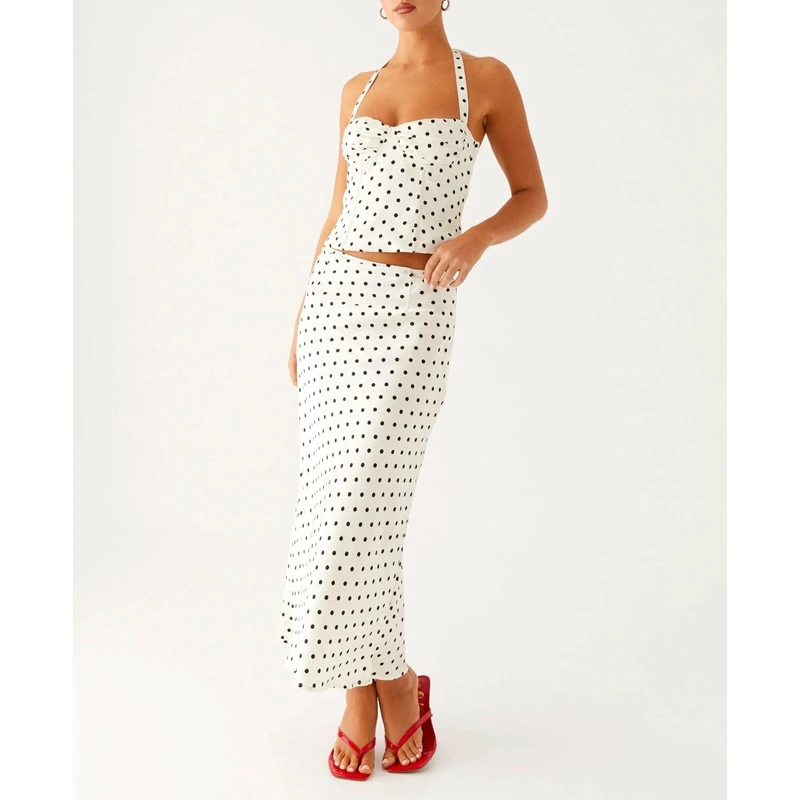 

Женский комплект одежды из 2 предметов в горошек, корректирующее белье на шнуровке с лямкой на шее, корсет с открытой спиной, укороченный топ + длинные юбки с низкой талией