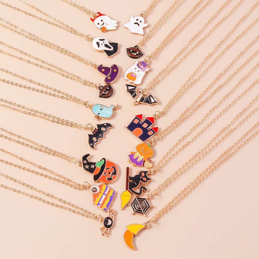Aihua Cute Enamel Halloween Pumpkin Necklace Bat Mummy Witch Skeleton Eyeball Necklace for Women Men Halloween Party Jewelry
