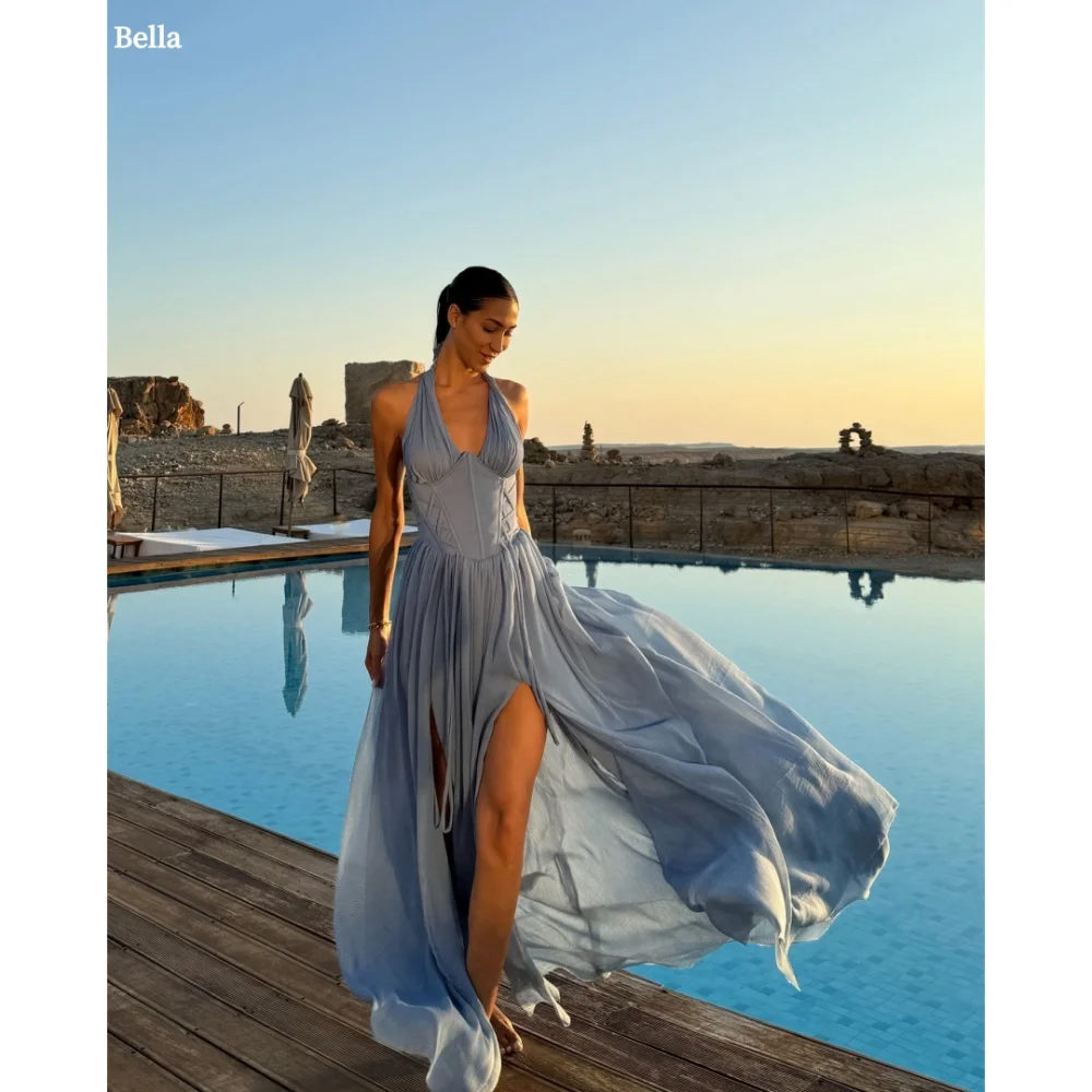 

Bella Customize Blue Halter Neck Sleeveless Side Slit robes de soirée A-line Chiffon Prom Dresses Floor-Length Wedding Dress