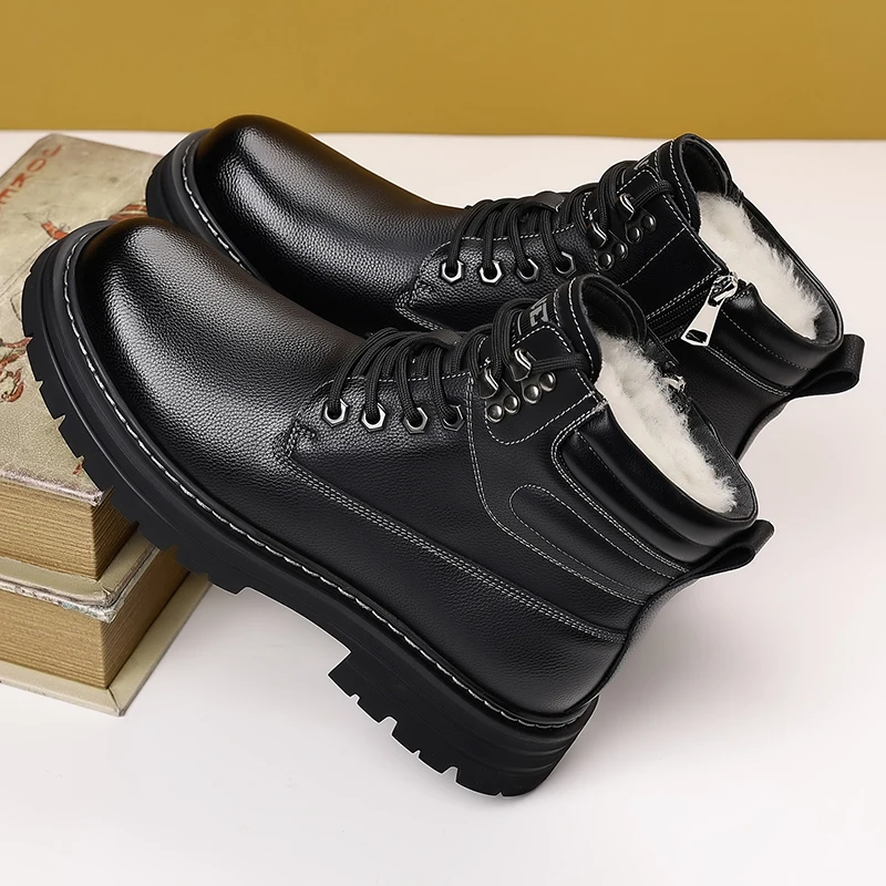 ファッション革メンズアンクルブーツ高品質カジュアルオートバイブーツ秋冬ハイトップ綿靴男抗スリップボタス