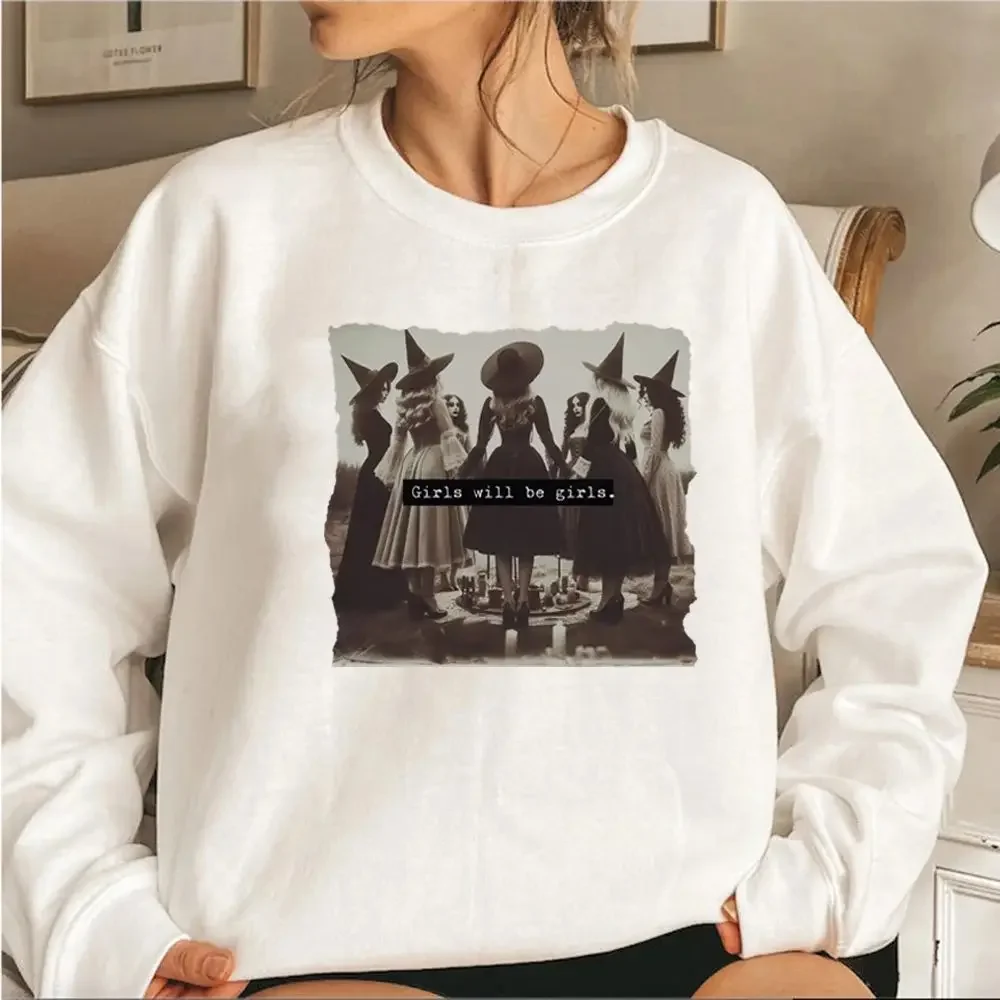 Vintage Girl Will Be Girl Witch Sweatshirt Fun Witch Sweatshirt Halloween Women Plus Size Hoodie Jumper Voodoo Hoodie