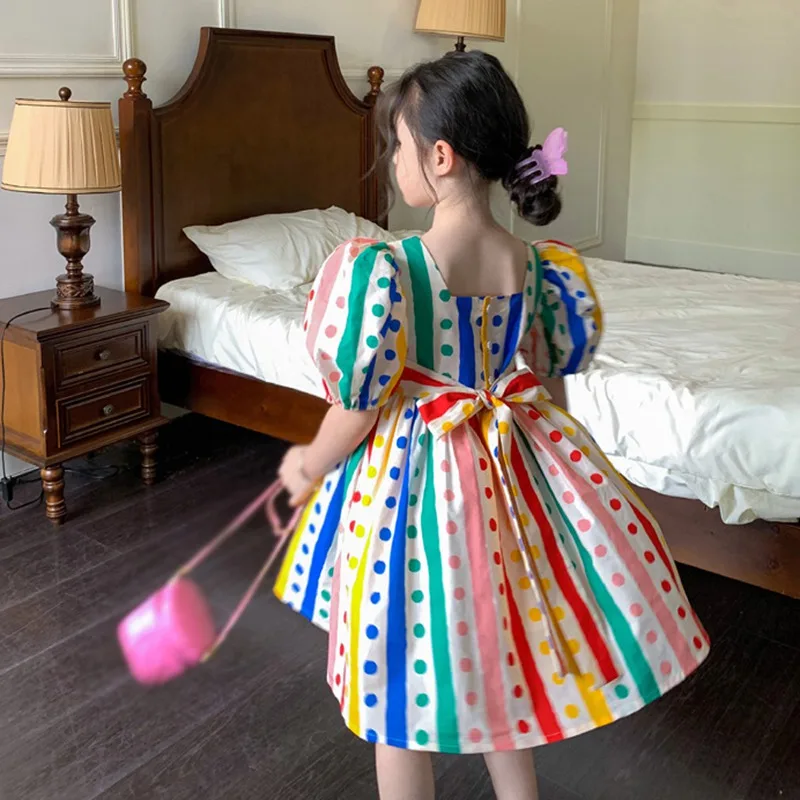 Summer Girls Colorful Dot Print Rainbow Waist Puffy Dress Square Neck Bubble Sleeved Sweet Princess Dress 3-8T