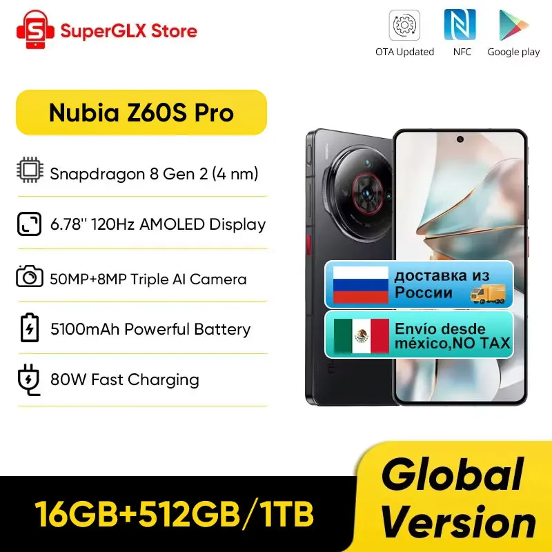 Nubia Z60S Pro ponsel pintar NX725J, ponsel pintar 6.78 "Snapdragon 8 Gen 2 5100mAh baterai 80W kamera isi daya satelit AI NFC model