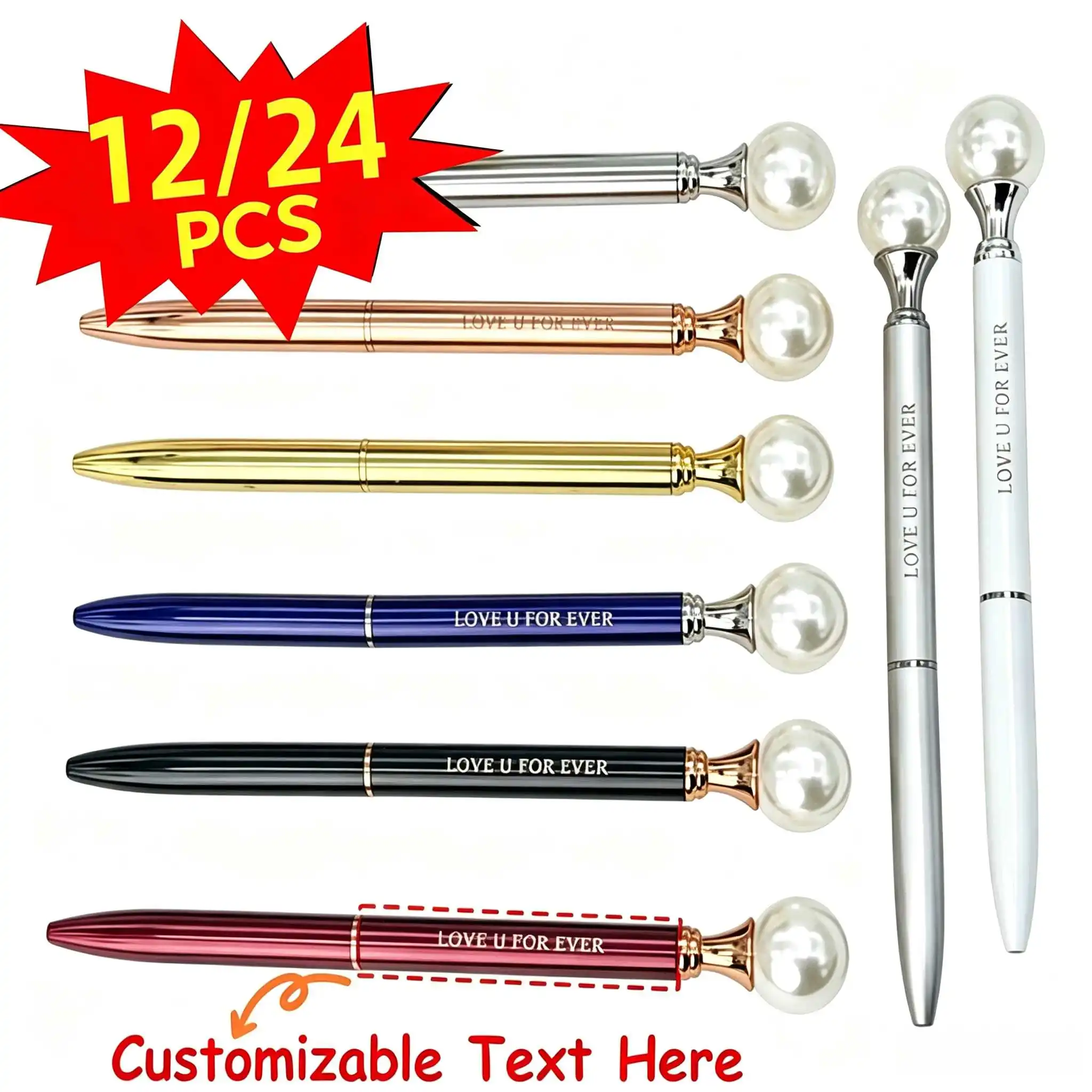 12/24 PCS Customizable Logo Ballpoint Pens Imitation Pearl Wedding Elegant Metal Promotional Pens for Corporate Advertising Pens