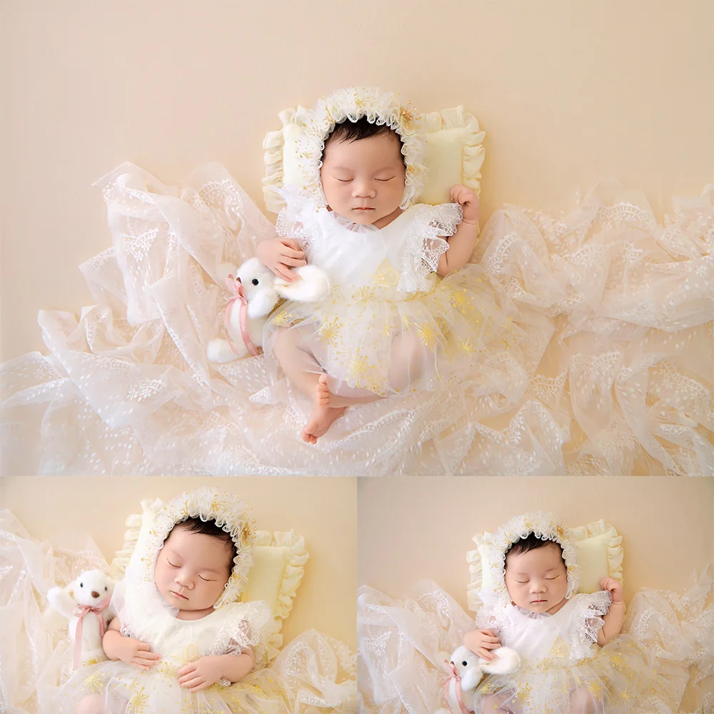 Dreamy Princess Style Newborn Photography Prop Baby Girl Lace Tulle Princess Dress+hat Plush Bunny Prop for Baby Milestone Photo