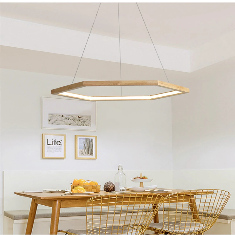 

2021 New Modern Hexagon Wood Led Pendant Lamp For Living Dining Room Kitchen Corridor Lustre Hanging Ceiling Fixtures Lighting