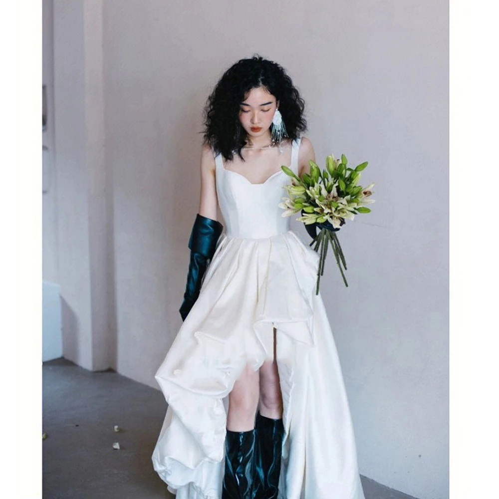 SONDR Regular Straps Satin Vintage Custom Made Wedding Gown 웨딩드레스 Civil Korea Ivory High Low Brides Gowns Women Bridal Dresses