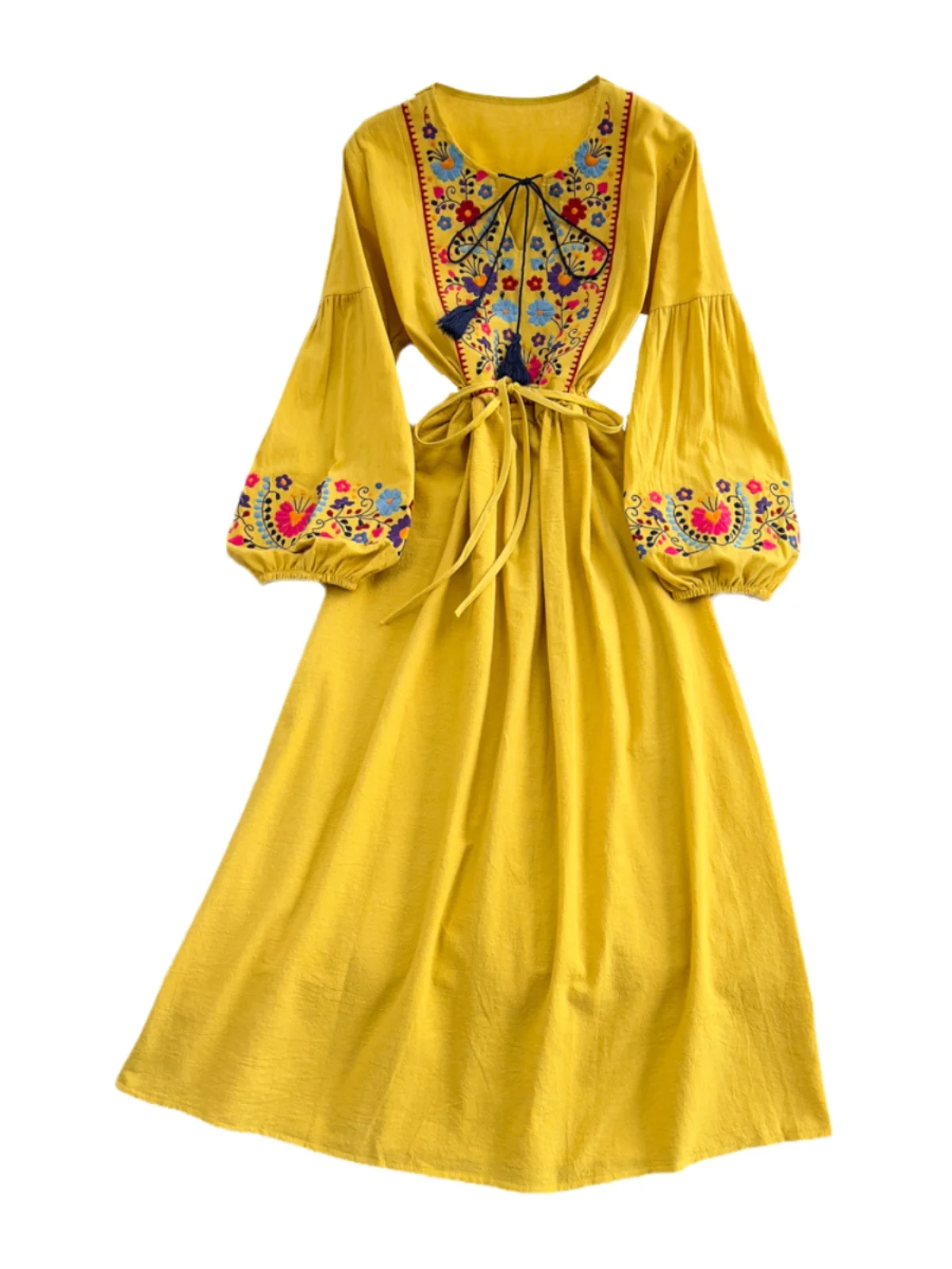 女性スリムロングドレス刺繍レースアップウエストボヘミアンエスニック海辺休暇ビーチボヘミアンホリデー