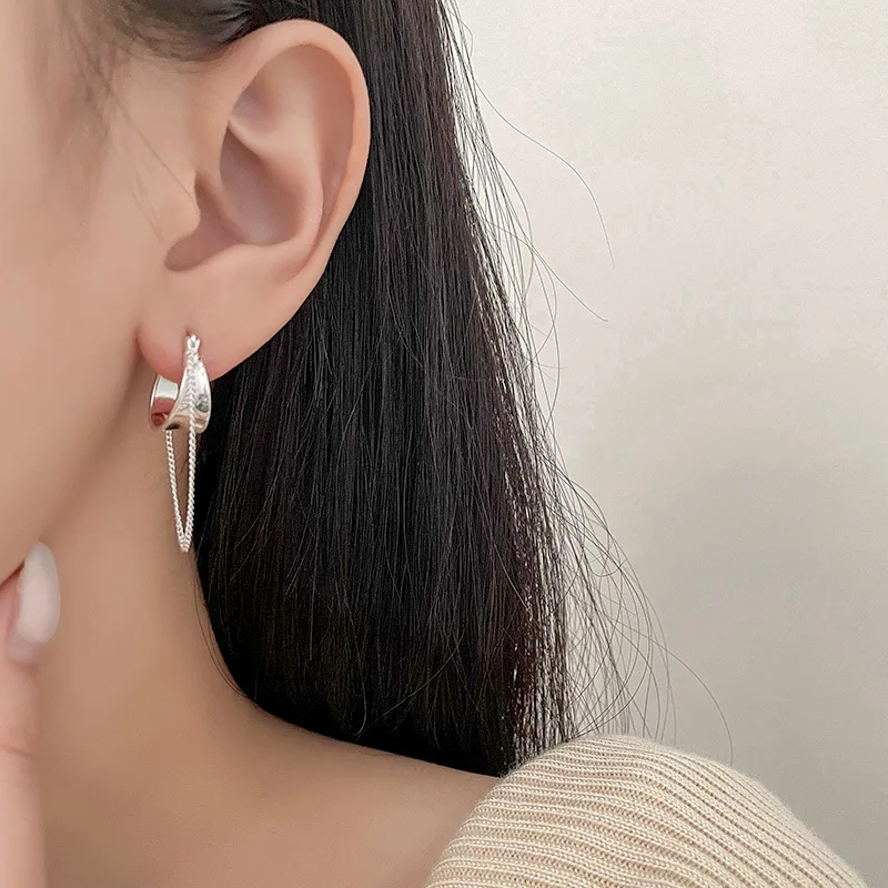 Real Money 925 Sterling Silver Long Tassel Chain Width Hoop Earrings for Women S925 Wedding Party Jewelry Gift Aretes De Mujer