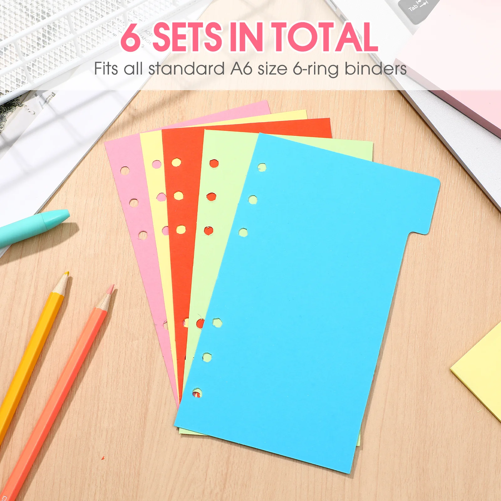

6Sets A6 Size Colored Notebook Dividers Paper Refill Tab Cards 5 Random Colors Smooth Surface for 6-Ring Binders Spiral