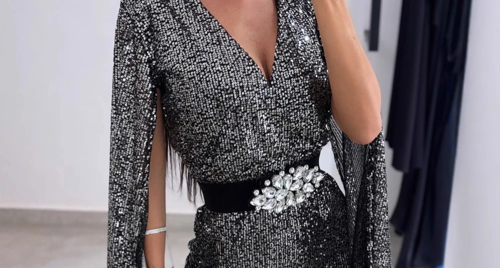 Women Elegant Rhinestone Belt Allover Sequin Bodycon Dress V-Neck Cape Sleeve Party Club Dress