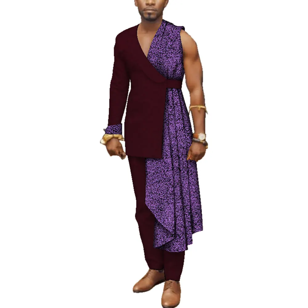 Men Bazin Riche Patchwork One-Shoulder Top and Pants Cotton 2 Pieces Pants Sets Special Custom Mens African Clothing WYN497