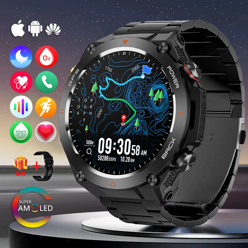 GPS inteligentny zegarek sportowy kompas latarka na zewnątrz 1ATM wodoodporny zegarek 412*412 AMOLED połączenie Bluetooth asystent głosowy Smartwatch