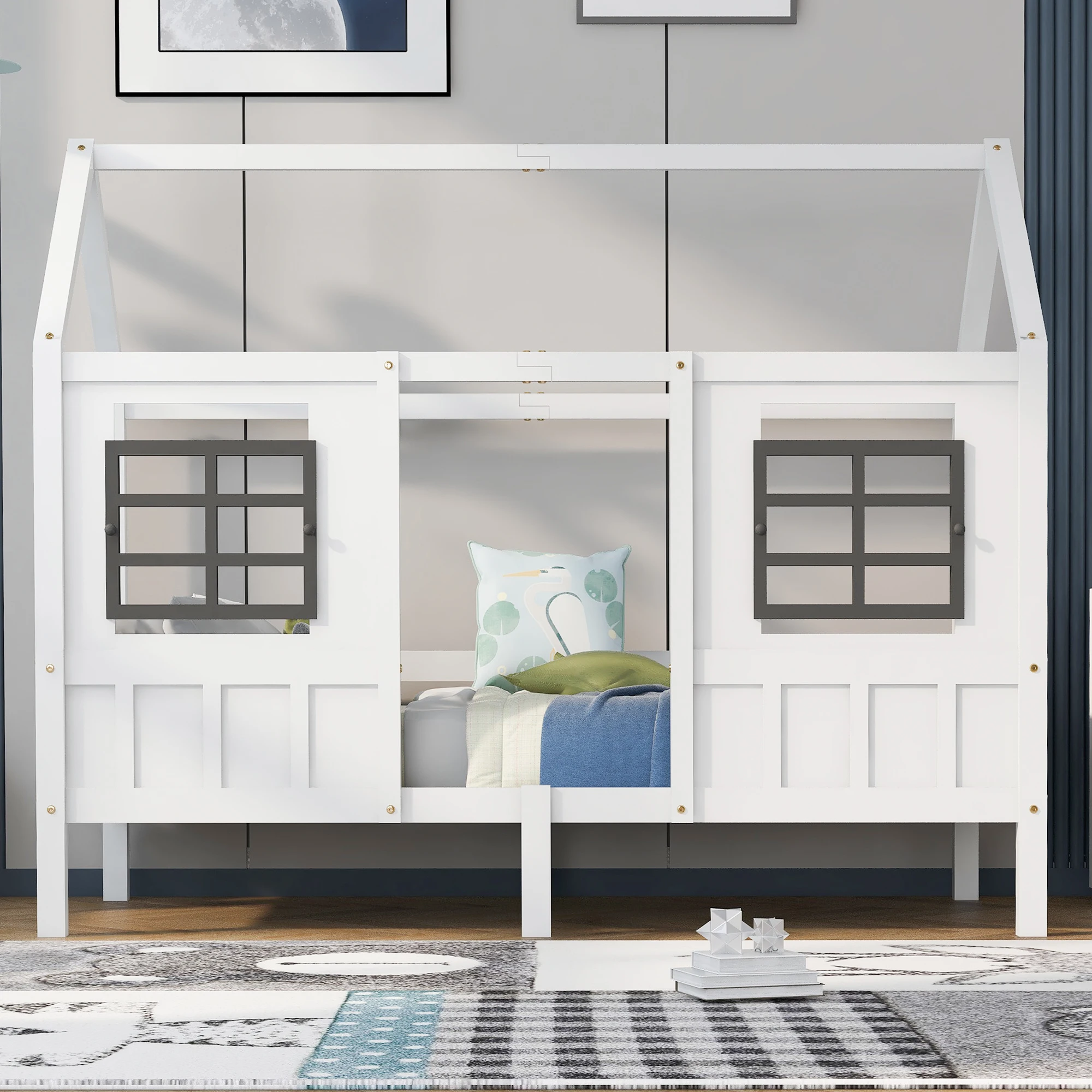 Kinderhausbett, Einzelbett mit 2 Fenstern, Rahmen aus Kiefer und MDF, Weiß (200x90cm)