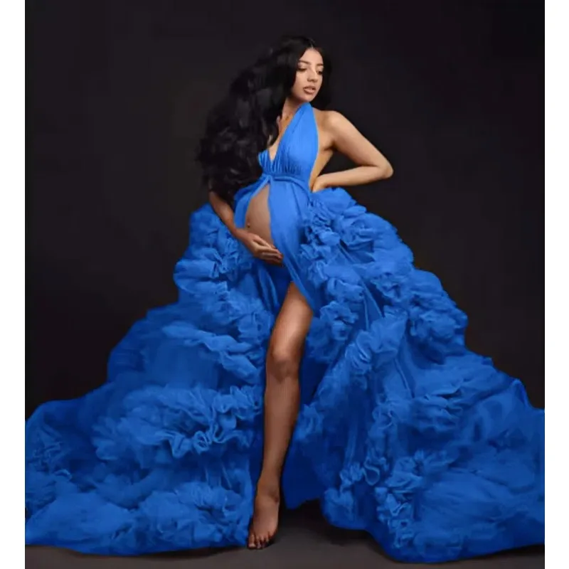 Maternity Wedding Robe - Sexy Long Tulle Ruffled Nightgown for Pregnancy Photo Shoot - Multi-Color Bride Party Dress baby shower