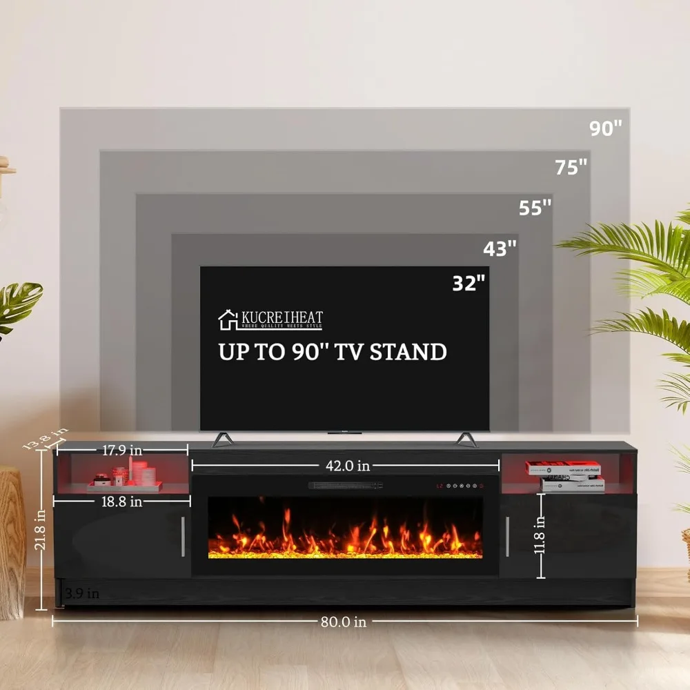 حامل تلفزيون حديث 80 مع 42 مدفأة مدمجة وإضاءة LED وتخزين لأجهزة التلفاز الكبيرة حتى 90 - مركز ترفيه أنيق باللون الأسود