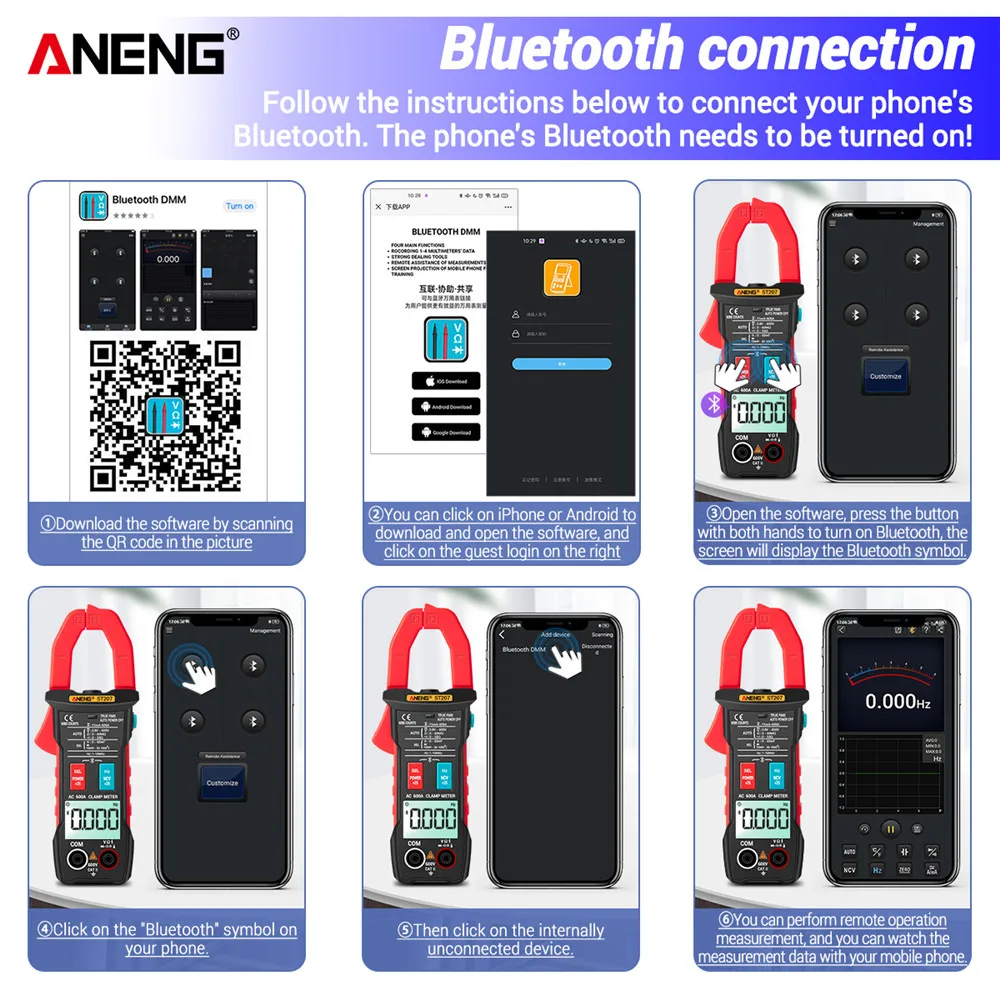 ANENG ST207 Digital Bluetooth Multimeter Clamp Meter 6000 Count True RMS AC Voltage Tester AC Current Hz Capacitance Ohm