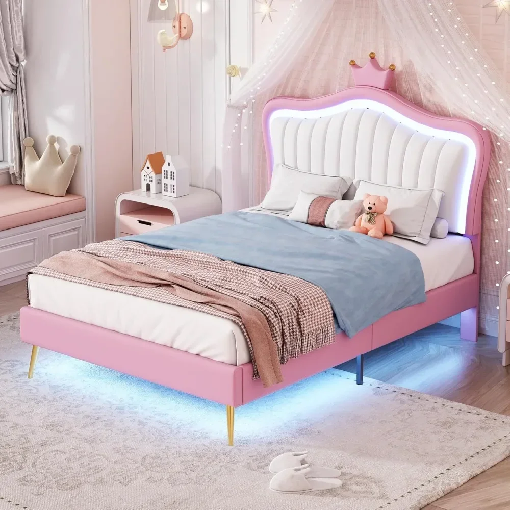 Upholstered Princess Bed, Platform Bed Frame with Adjustable Crown Shaped Headboard and LED Lights