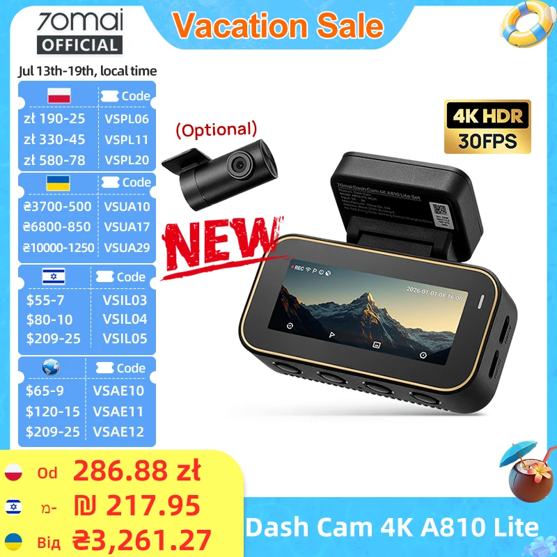 New 70mai Dash Cam 4K A810 Lite HDR Supercapacitor 4G Compatible