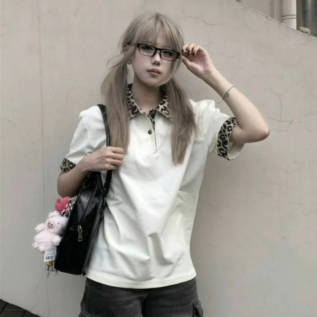

Summer new American retro patchwork leopard print POLO collar men's and women's T-shirt light Asian design sense niche top
