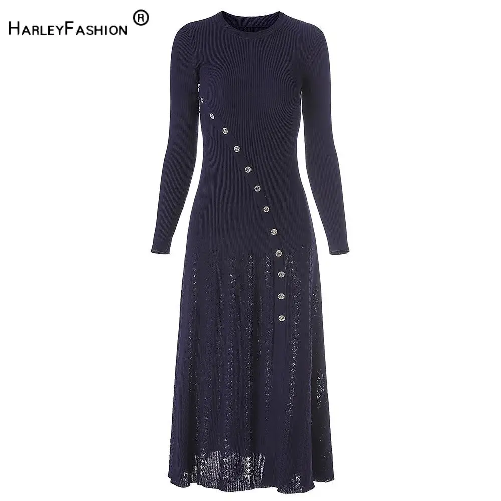 New Arrival Fall Winter French Style Women Knit Long Sleeve Round Collar Ladies Fashion Fit And Flare Maxi Long Solid Dresses