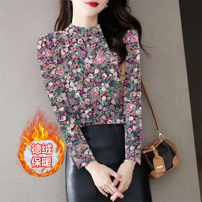 Halfhoge kraag Fleece dik dieptepunt Shirt Dames Herfst Winter Trend Afdrukken T-shirt met lange mouwen Casual All-match warme tops