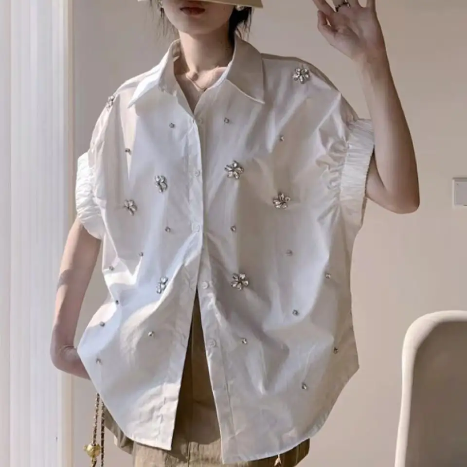 Luxury Design Sparkle Diamonds Embroidery Cotton Short Sleeve Blouses Shirts Women 2025 Spring Summer New Fashion Trend Tops