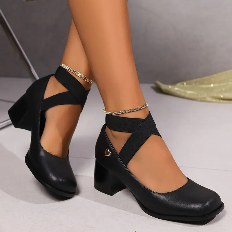 

SIMLOVEYO Mary Janes Women's Pumps Strap Plus Sizes 46-47 Metal Decor Daily Shoes White Black Sale Square Toe 5.5cm Block Heels