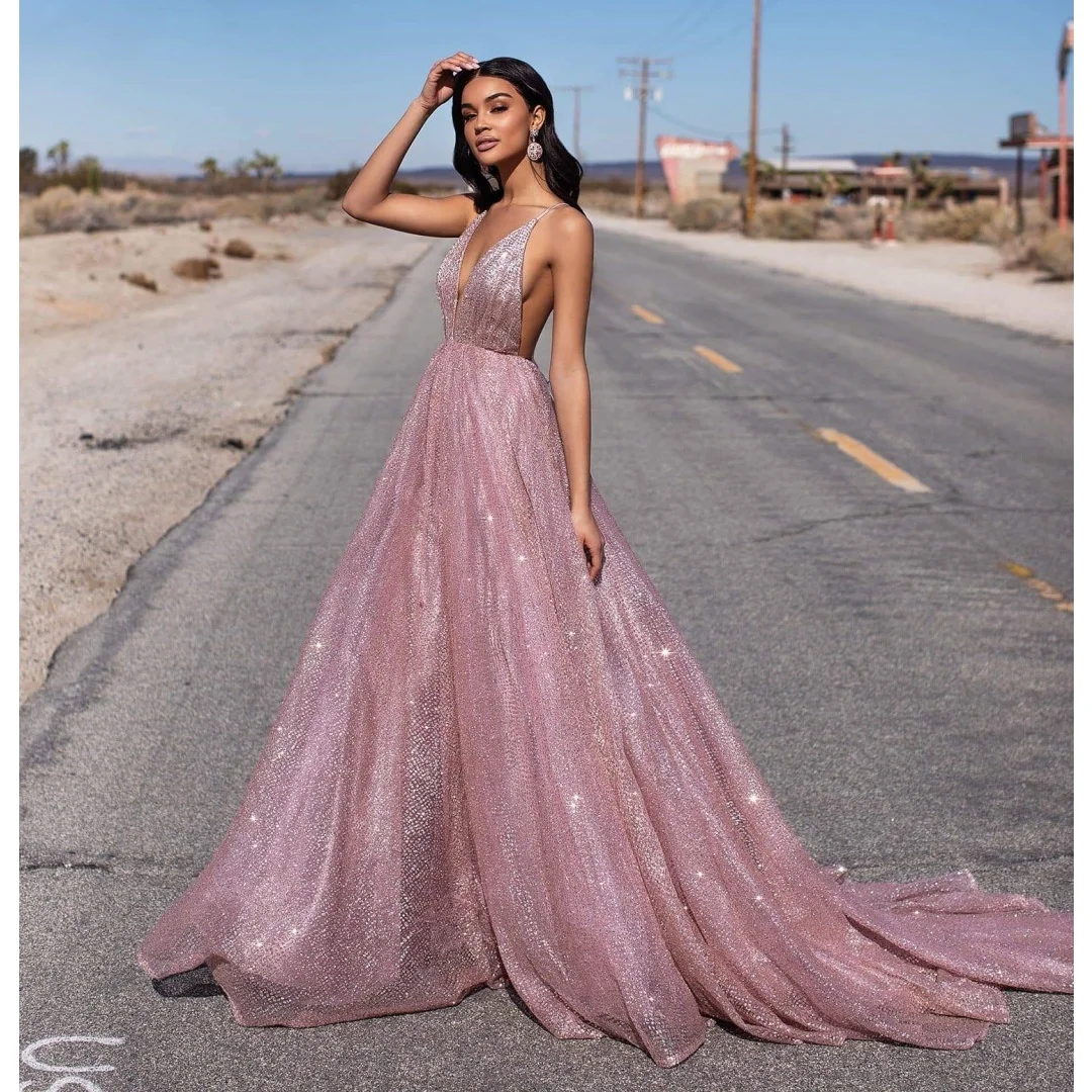 

Shiny Glitter Evening Dresses Spaghetti Straps Wedding Party Dress Customized Long Prom Gown Backless Exquisite Vestidos