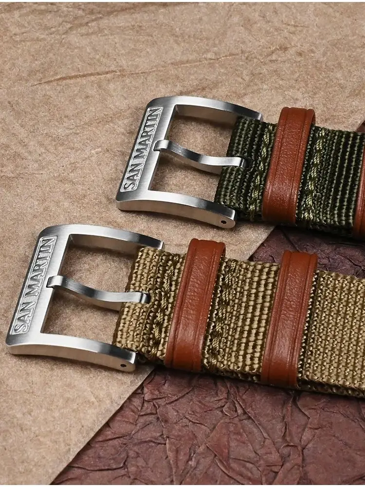 San Martin 20mm High Density Premium Nylon Watchband For Watch With Lug Width Solid Steel Pin Buckle Retro Leather Loops SN0105 - Image 3