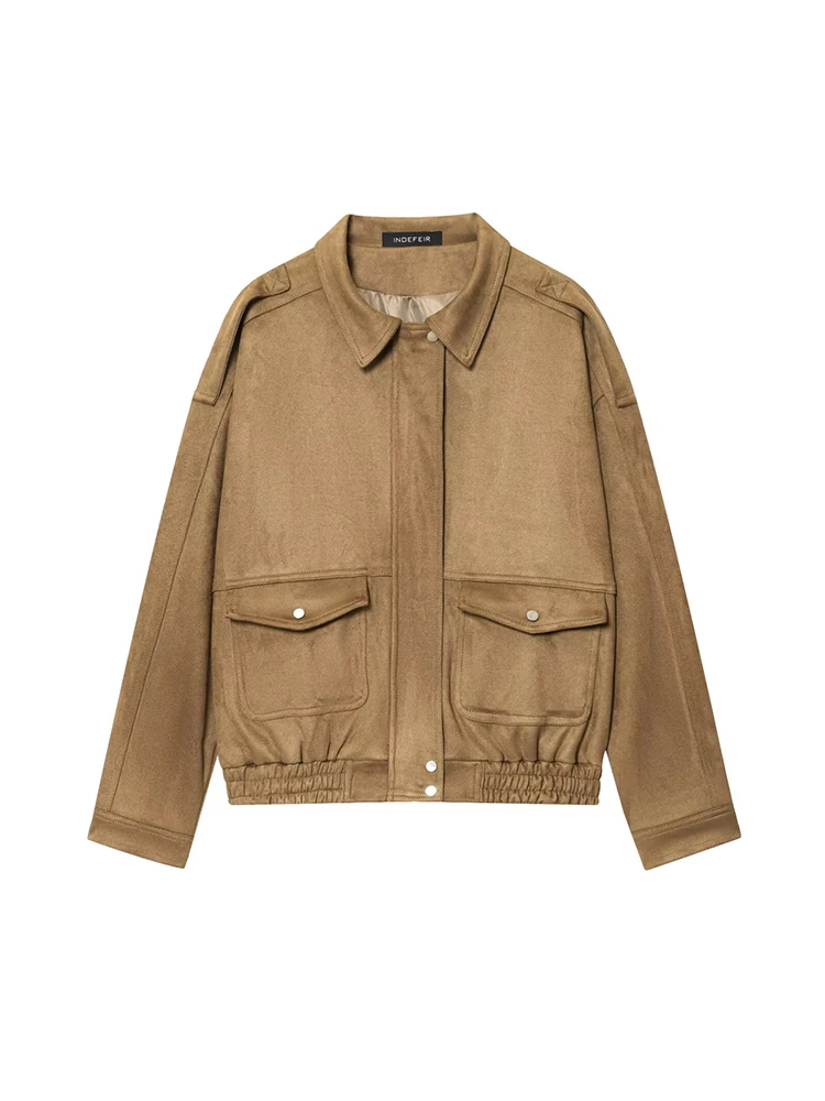 

Women's Bomber Jacket Long Sleeve Zipper Suede Jackets for Women 2025 High Street Short Coats Lady Autumn Winter New Outerwears