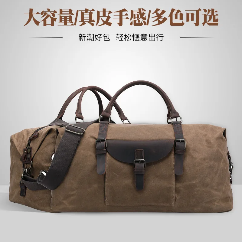 Retro Outdoor Handheld Waterproof Wear-resistant Large Capacity Leather Oil Wax Canvas Travel Luggage Functional Duffle Bag