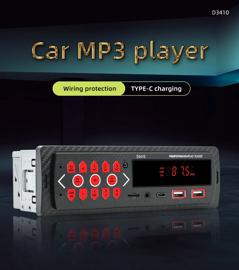 Car Stereo Mp3 Player In-dash 1 Din Car Radio Receiver Hands-Free Bluetooth TYPE-C/2USB/AUX/TF