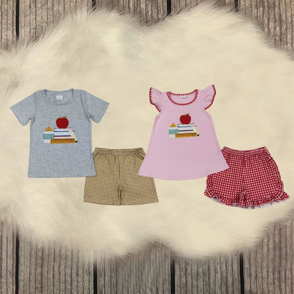 

Sibling Kids Set Baby Boy Girl Short Sleeve Embroidery Shirt Toddler Plaid Shorts Outfit Children Wear Clothes Back To School