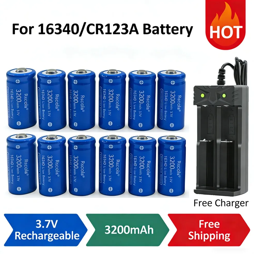 Universal 16340/CR123A Rechargeable Battery, 3200mAh 3.7V Li-ion Batteries with Charger, Power for Headlamp,Arlo,Security Camera