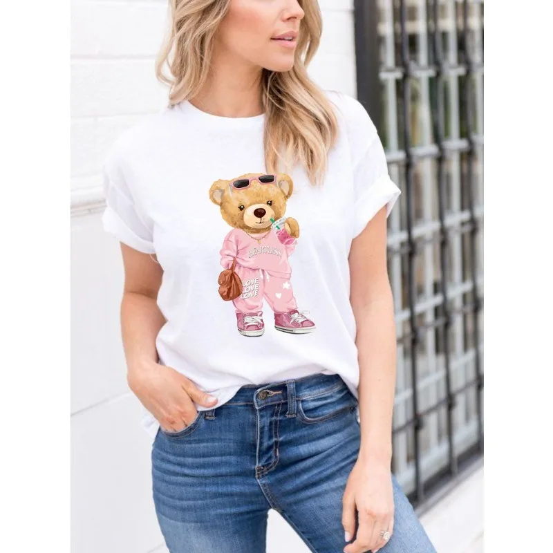 Camiseta divertida de manga corta con cuello redondo y estampado de oso de té de la leche de dibujos animados para mujer, camiseta de gran tamaño