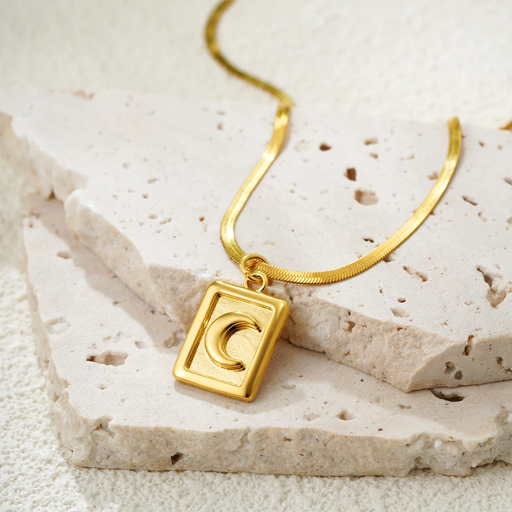 Vintage Moon Star Heart Square Pendant Stainless Steel Necklace for Women 18K Gold Plated Snake Chain Neckalces Fashion Jewelry