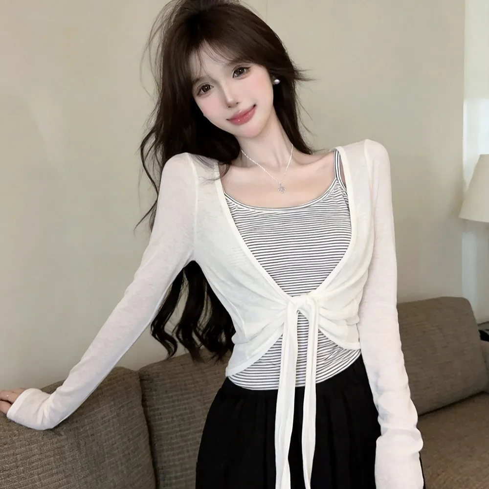2026 Early Autumn Korean Style Striped Long Sleeve Sun Protection Open Cardigan Two-Piece Set Women's Top Casual Basic Cotton...