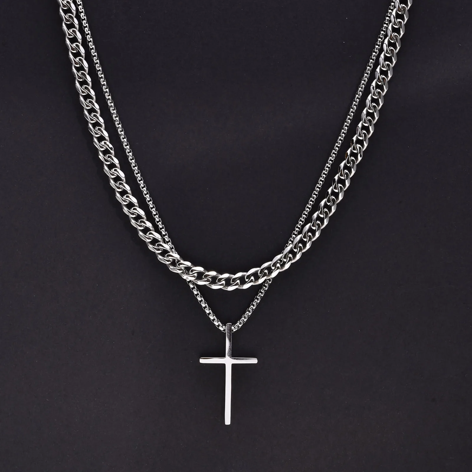 Vnox Mens Cross Necklaces, Stainless Steel Layered Plain Cross Pendant, Rope Box Chain Necklace, Simple Prayer Jesus Collar 