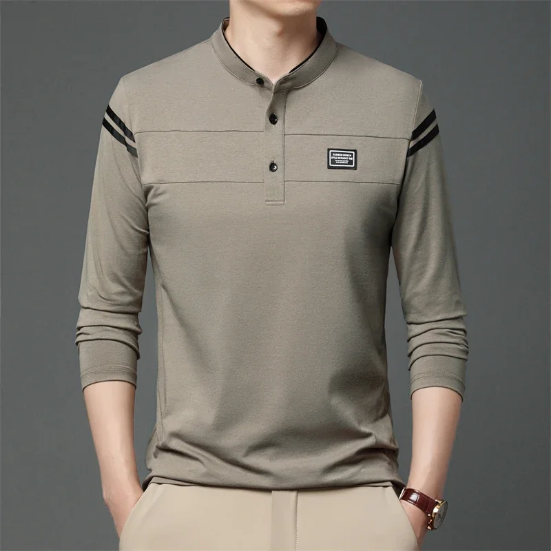 

Рубашка-поло мужская с длинным рукавом, деловая Повседневная сорочка из хлопка, модный дышащий универсальный топ с воротником-стойкой, однотонная