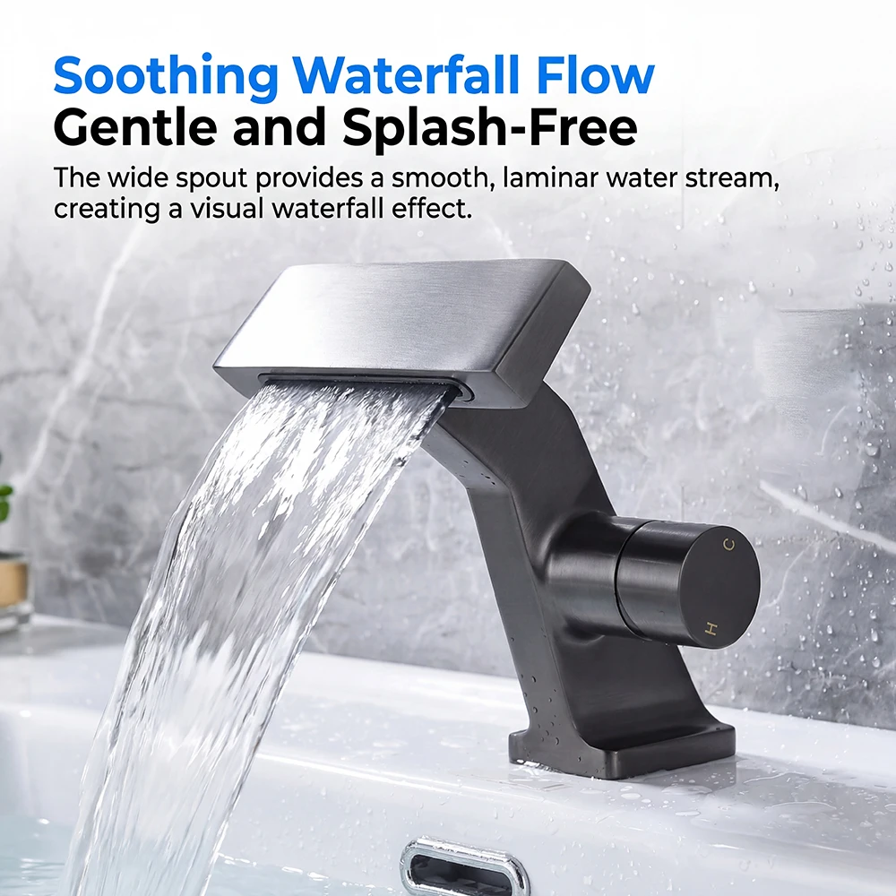 

Drawing gun gray bathroom basin faucet, solid brass modern single handle container sink faucet, deck mounted hot and cold mixing