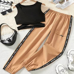 Two Piece Summer Girl Girl Cute Solid Color Sleeveless Vest Letter Printed Workwear Pants Princess Birthday Party Costume Set