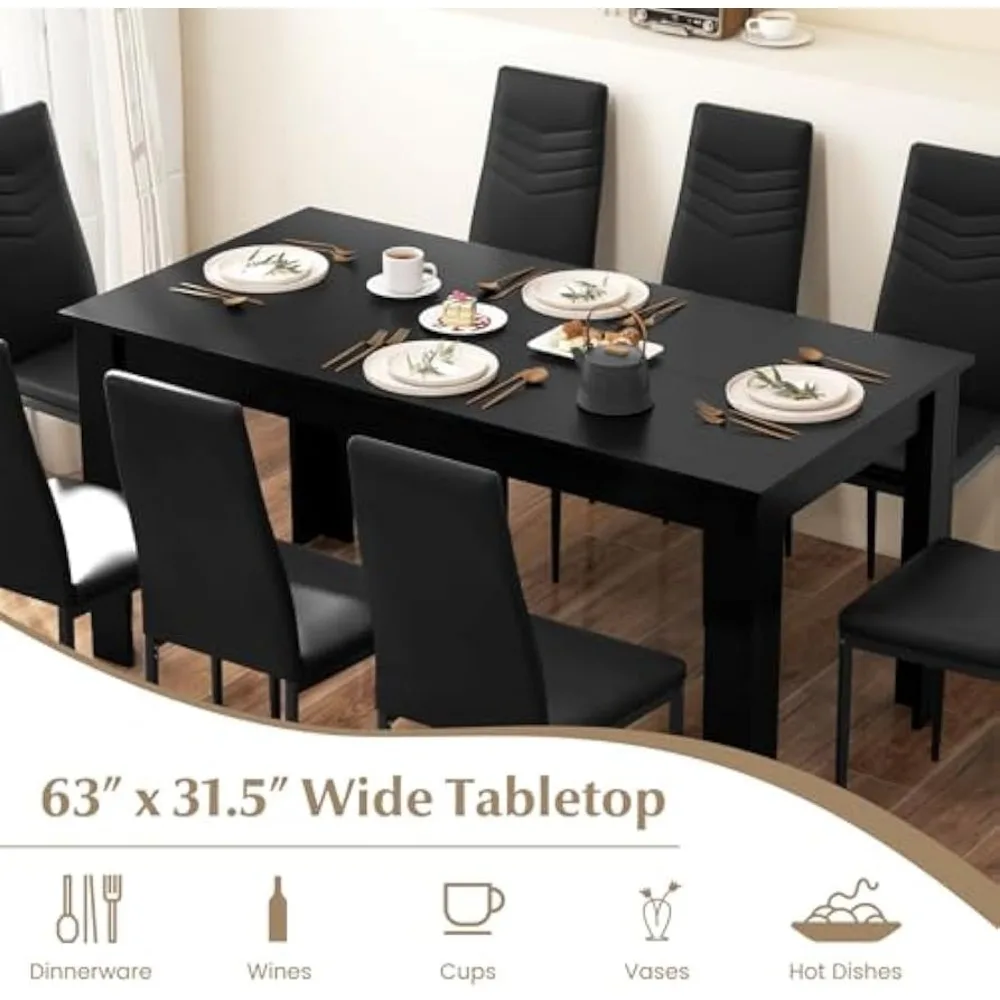 Dining Table Set for 8, Modern Rectangular Kitchen Table Set w/ 8 PVC Leather Dining Chairs, 9-Piece Space-saving Furniture Set