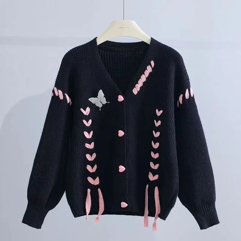 Femmes pull fille collège Style amour papillon sangle tricot Cardigan pull 2025 printemps automne hiver polyvalent veste tricots