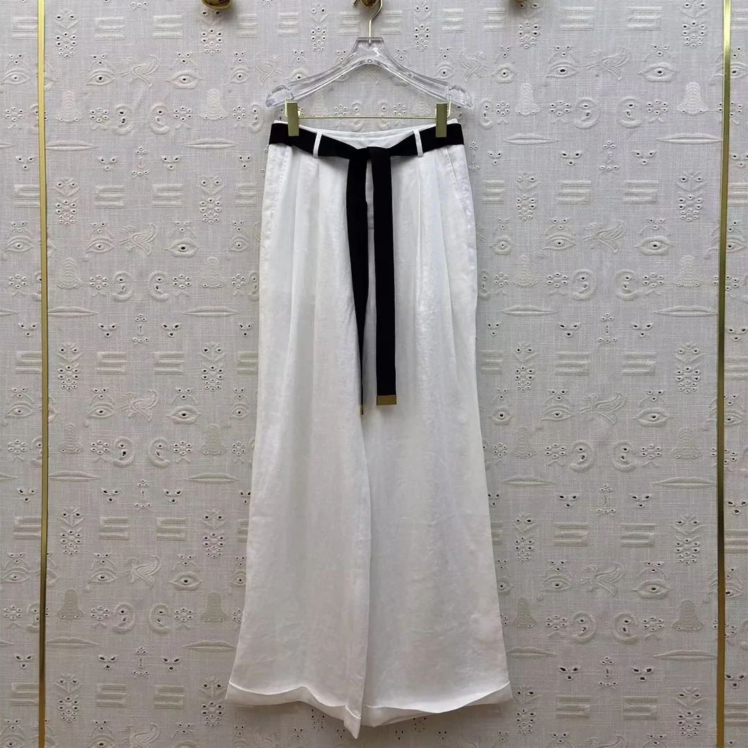 Luxury Old Money Style 100% Linen Wide Leg Pants Women High Waist Ribbon Sashes Solid Color Loose Casual Summer Trousers
