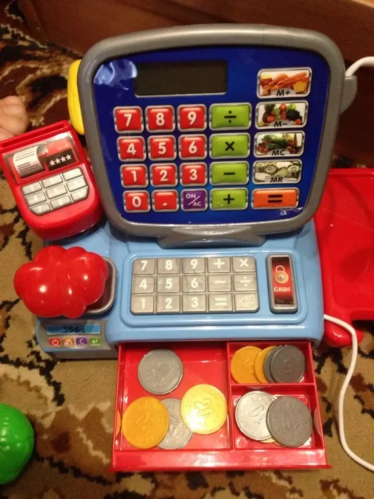 [Funny] Pretend Play Cashier Cash Register with Real Calculator Toy POS+Calculator+electronic scale+COINS+Foods set kids gift