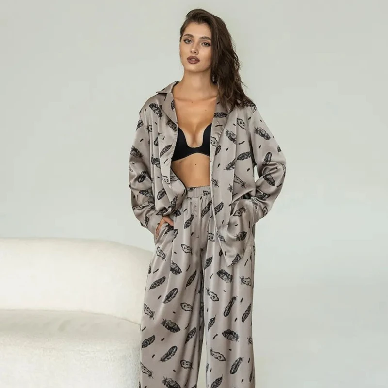 2025 Autumn New Style Pine Fashion Printed Long Sleeve Top and Pants Home Two Piece Set for Women