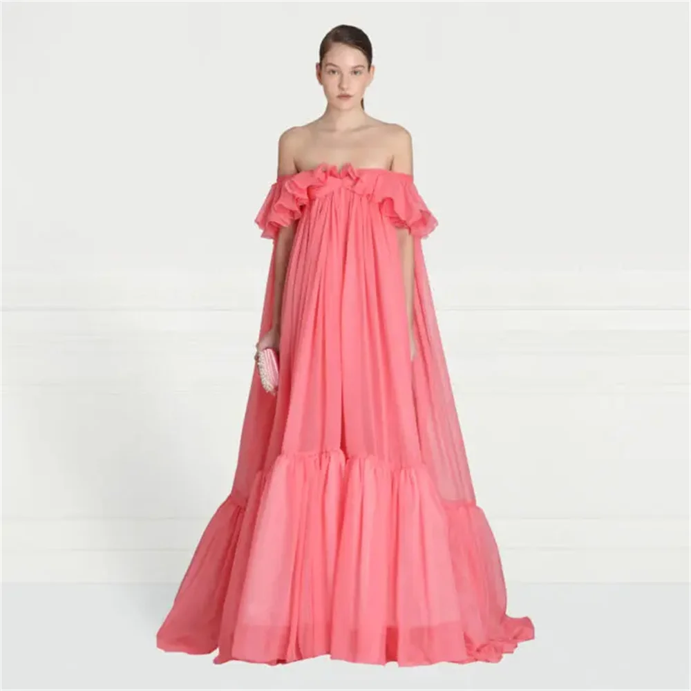 Abiti da ballo in Chiffon rosso anguria personalizzati a vita alta con spalle scoperte abito da sera formale abiti da sposa a strati