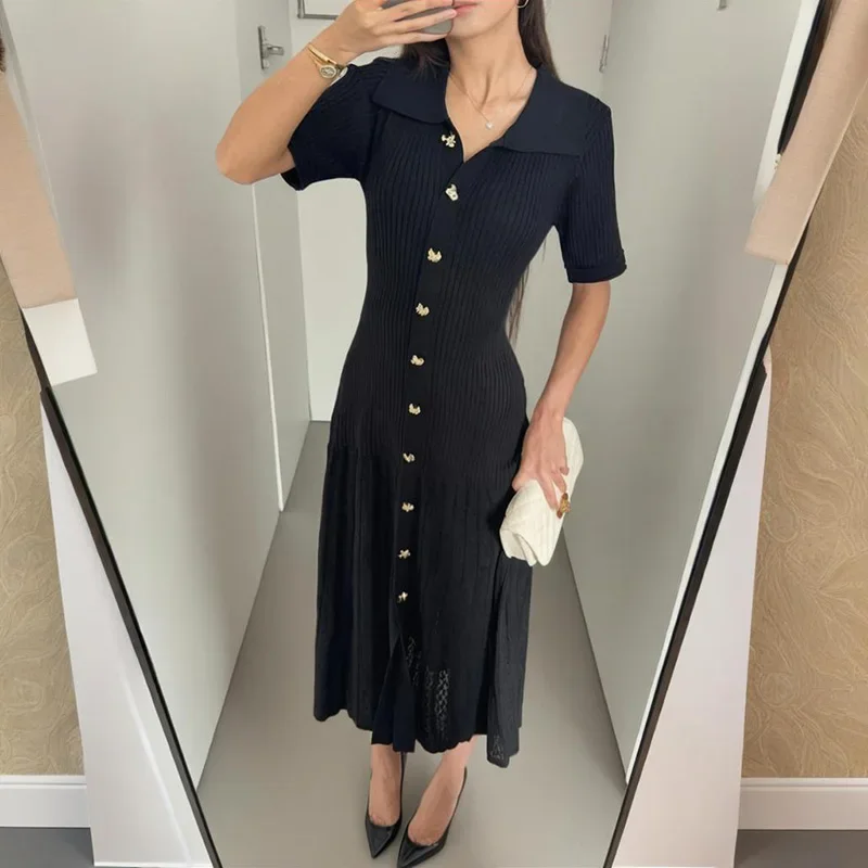 

Elegant Knitted Long Dress Women's Short Sleeve Lapel Slim High Waist Dress Autumn New Female Fashion Commuting Knitwear